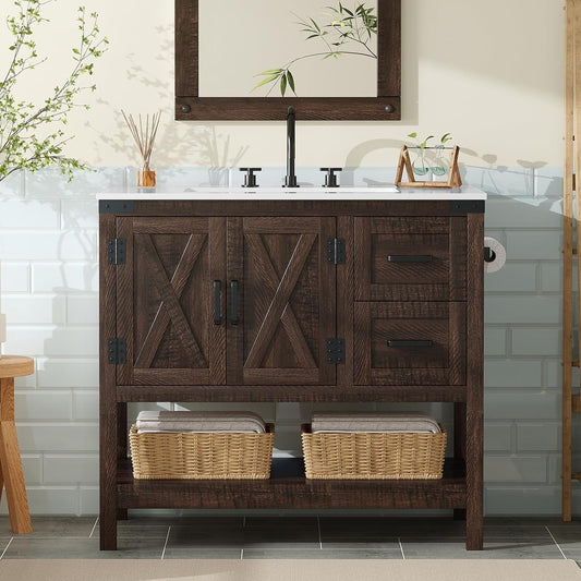Merluxy Farmhouse Bathroom Vanity with Sink,Wood Barn Door Freestanding Bath Storage Cabinet