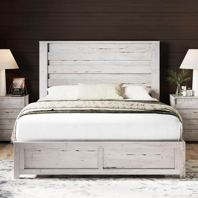 Merluxy Farmhouse Bed Frame with 49" Scalloped Headboard, Platform Bed with Natural Woodgrain Finish, No Boxspring/No Noise