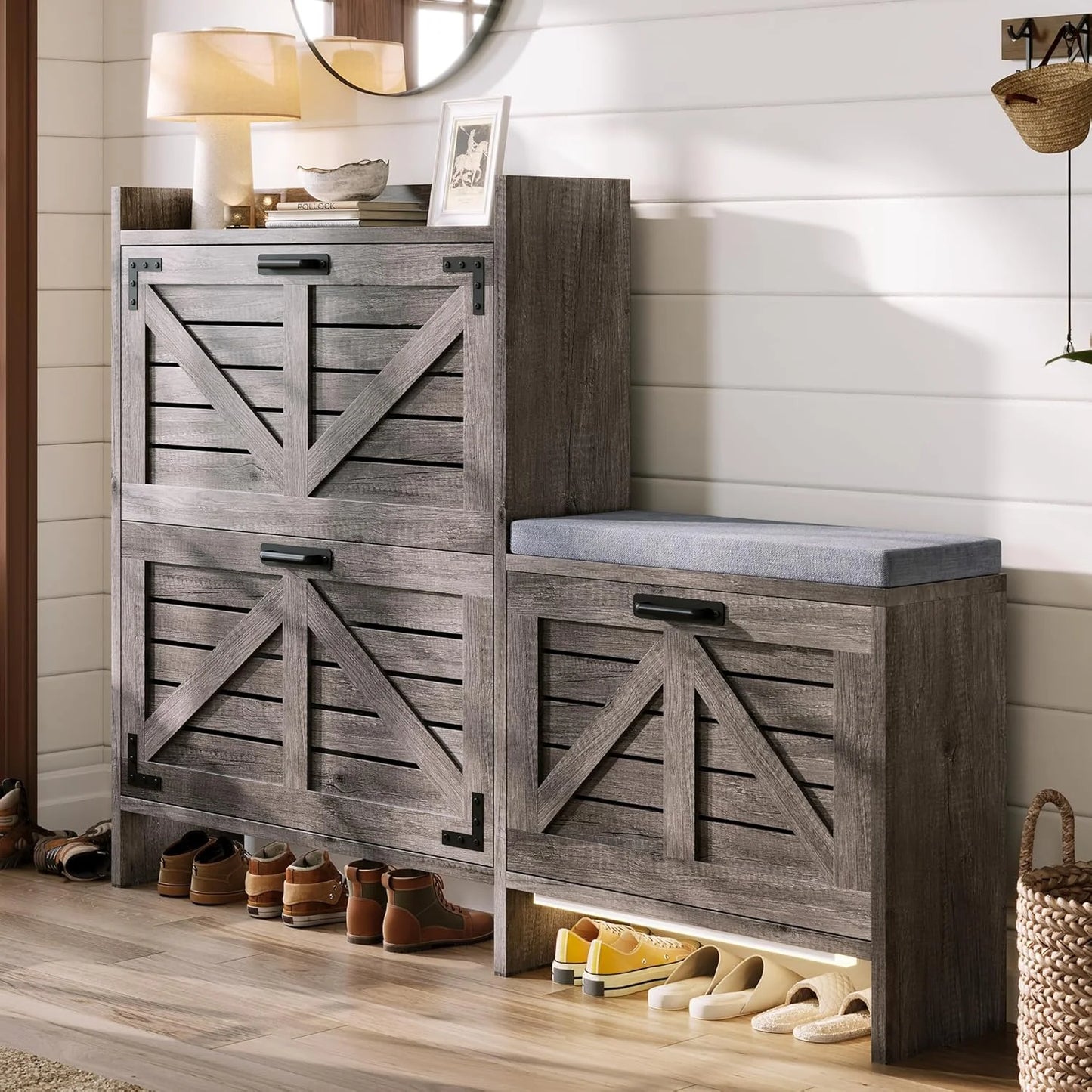Merluxy Farmhouse Shoe Cabinet, 3 Flip Drawers for 24 Pairs with Bench & Light