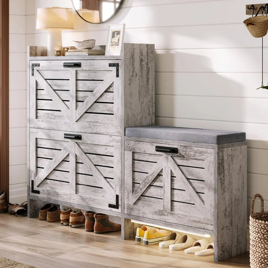 Merluxy Farmhouse Shoe Cabinet, 3 Flip Drawers for 24 Pairs with Bench & Light