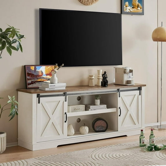 Merluxy Farmhouse TV Stand for 75"es TVs, 66" Entertainment Center with Adjustable Shelf & Feet, Console Table with Storage