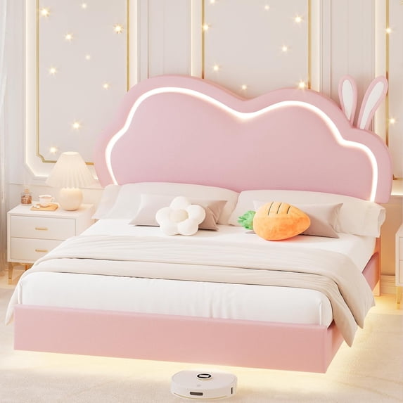 Merluxy Floating Bed Frame with Adjustable LED Headboard, Leather Upholstered Platform Bed Frame with Wood Slats Support, Easy Assembly
