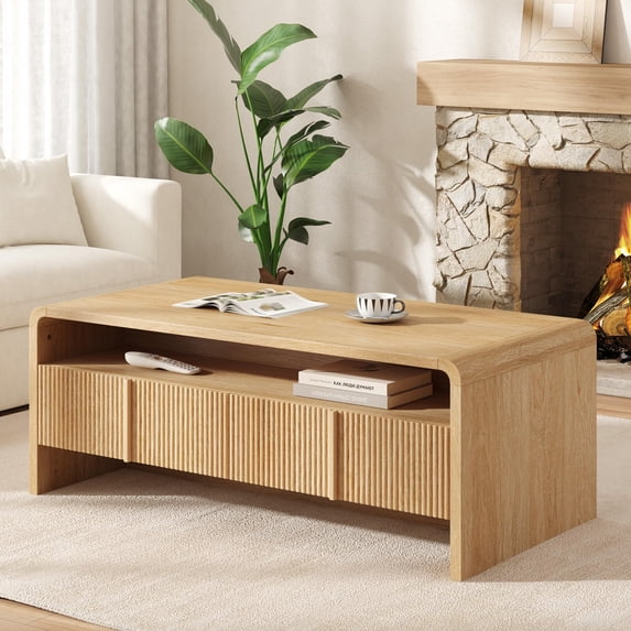 Merluxy Fluted Coffee Table with Storage, Rounded Edges, Natural Oak Wood Living Room Table, 2 Drawers and Open Shelf, 39.4" Modern Center Table