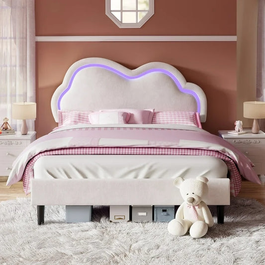 Merluxy Bed Frame with LED Light,Adjustable Cloud Headboard,No Box Spring Needed