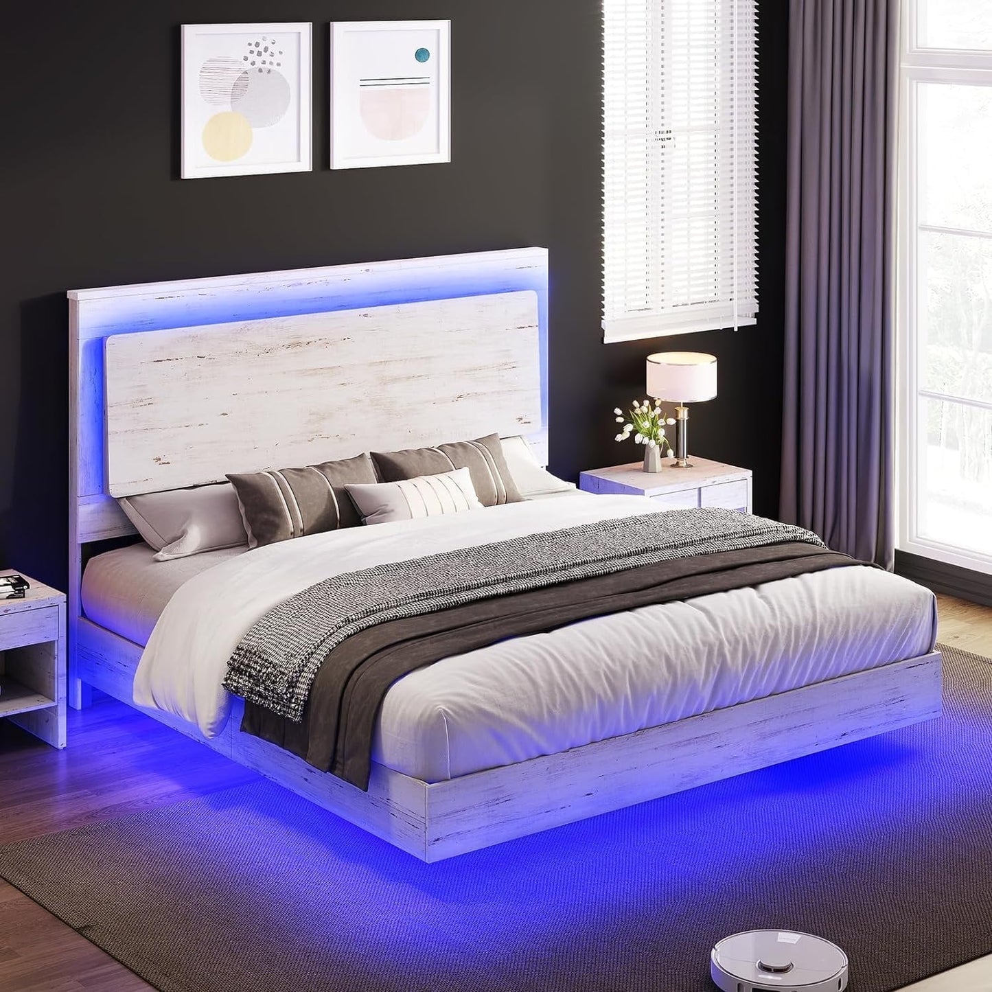Merluxy King Floating Bed Frame with Recline Headboard,LED Light, No Box Spring Needed/Noise Free