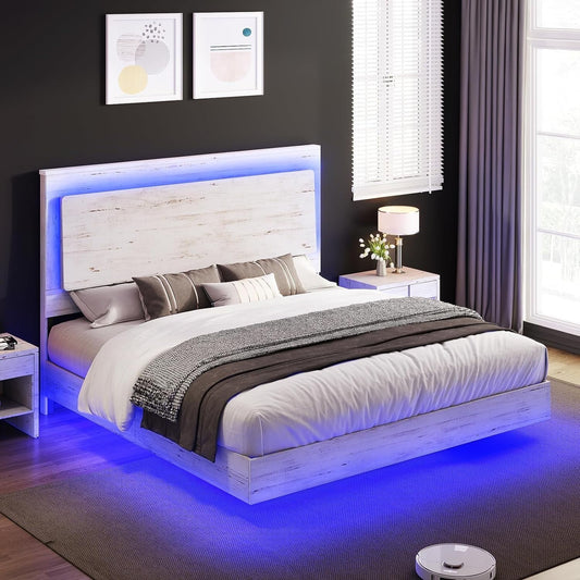 Merluxy King Floating Bed Frame with Recline Headboard,LED Light, No Box Spring Needed/Noise Free