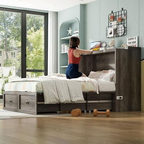 Merluxy Murphy Bed with Storage & Charging Station, Farmhouse Murphy Cabinet with Foldable Panel, for Guest Bedroom, Living Room