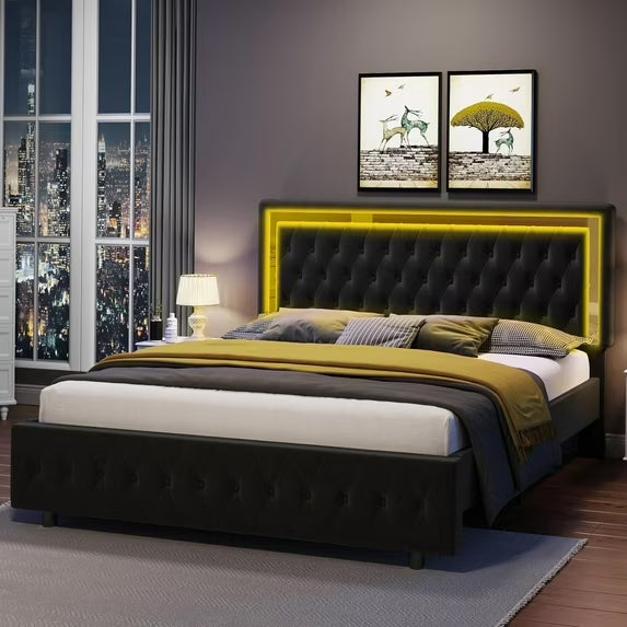 Merluxy Bed Frame with Led Lights Headboard,Acrylic Mirror Accents,No Box Spring Needed
