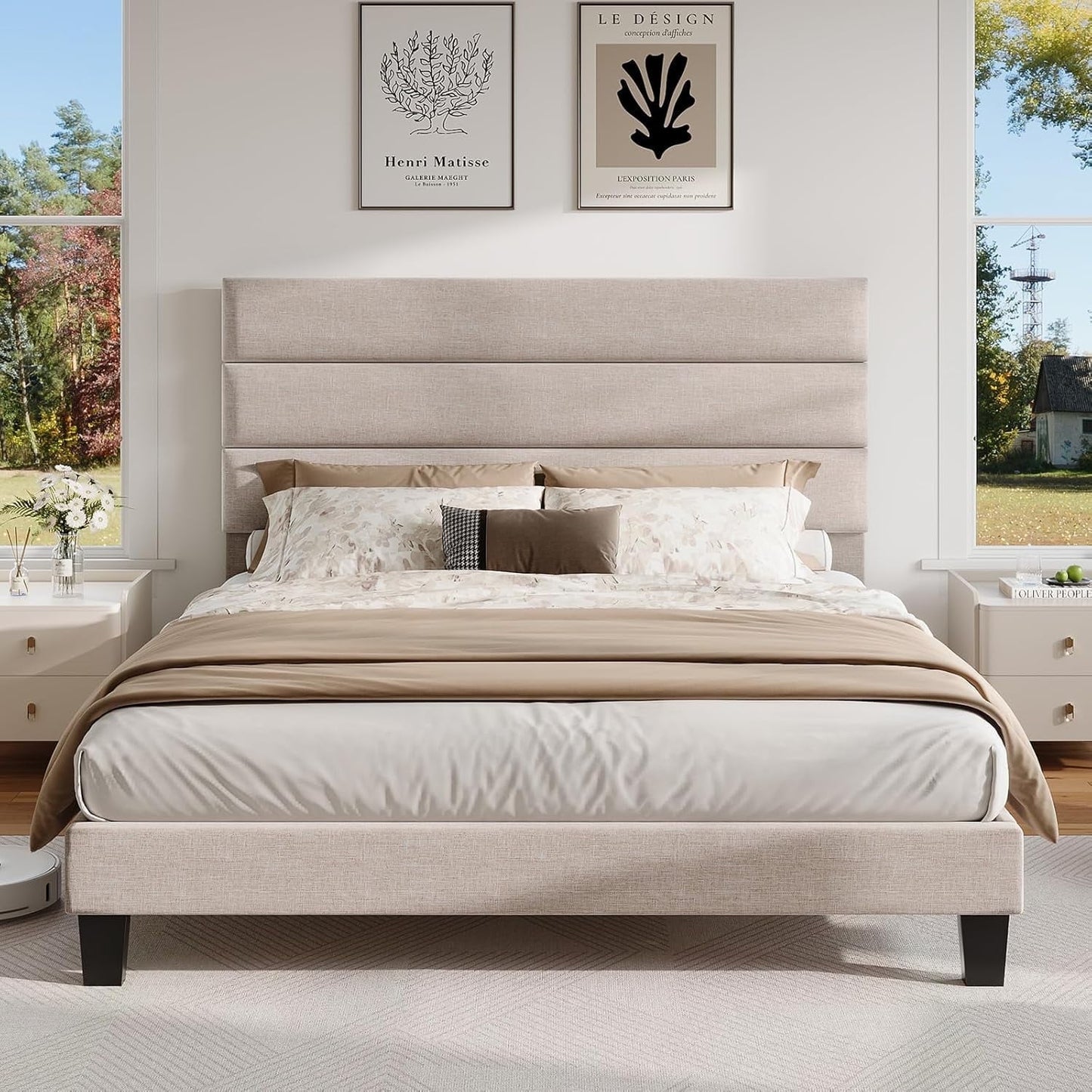 Merluxy Bed Frame with Linen Upholstered Headboard, Modern Platform Bed with Wooden Slats Support