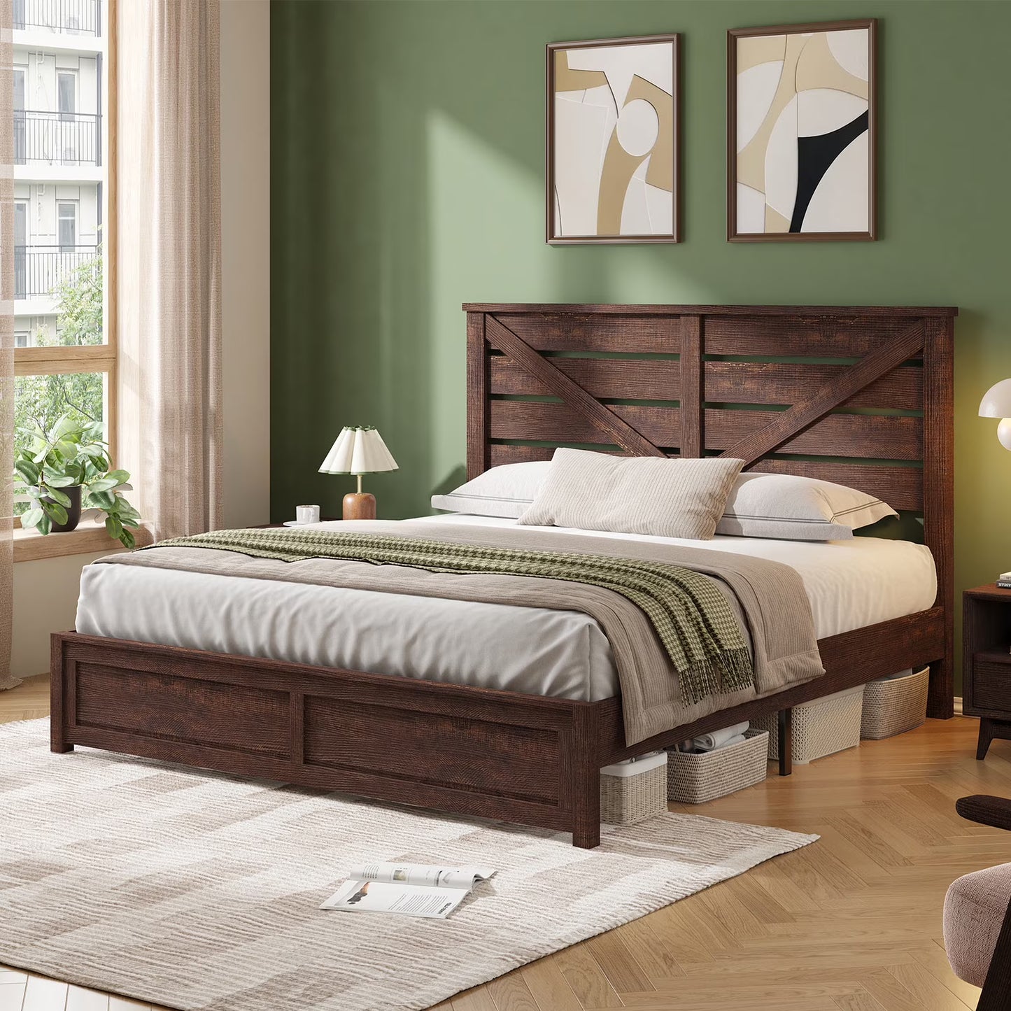 Merluxy Farmhouse Bed Frame with Barn Door Headboard, Platform Bed Frame with Wood Slats, Under Bed Storage Space