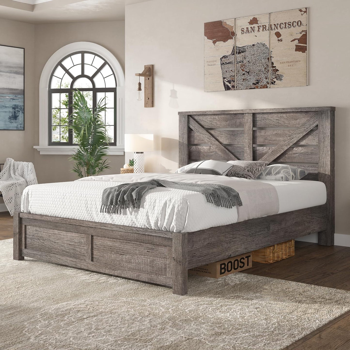 Merluxy Farmhouse Bed Frame with Barn Door Headboard, Platform Bed Frame with Wood Slats, Under Bed Storage Space, Distressed