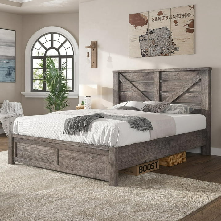 Merluxy Farmhouse Bed Frame with Barn Door Headboard, Platform Bed Frame with Wood Slats, Under Bed Storage Space