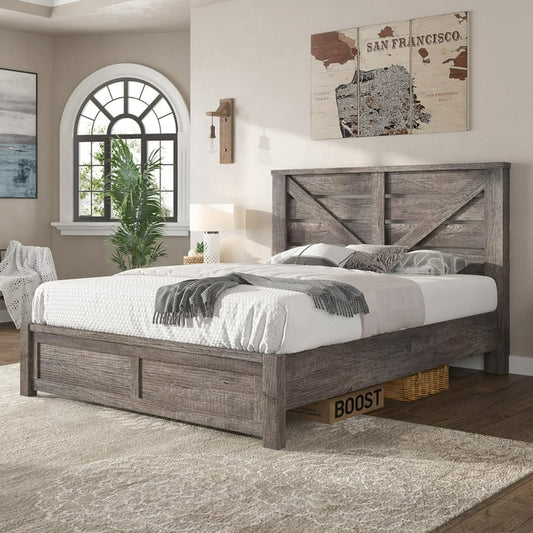 Merluxy Farmhouse Bed Frame with Barn Door Headboard, Platform Bed Frame with Wood Slats, Under Bed Storage Space