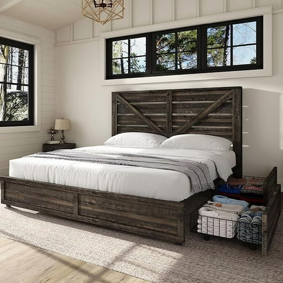 Merluxy Farmhouse Bed Frame with Headboard, Wooden Storage Bedroom Furniture