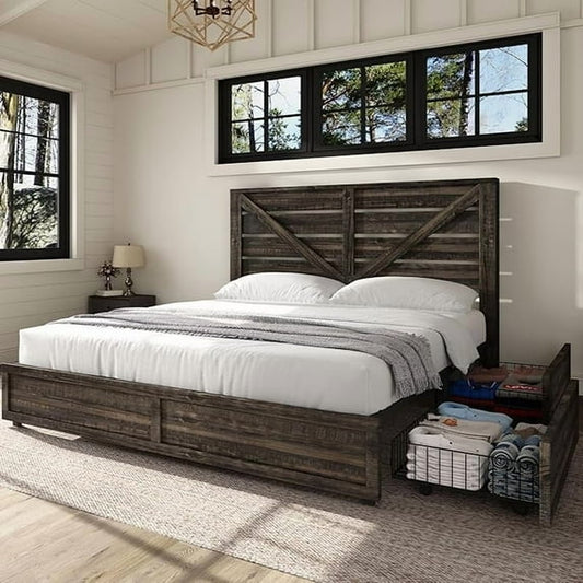 Merluxy Farmhouse Bed Frame with Headboard, Wooden Storage Bedroom Furniture