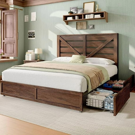 Merluxy Farmhouse Bed Frame with Headboard, Wooden Storage Bedroom Furniture