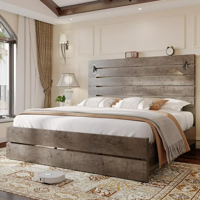 Merluxy Farmhouse Platform Bed Frame with 51”Tall Headboard, LED Reading Lights, Rustic Wood Look, No Box Spring Needed, Sturdy Construction, Easy Assembly