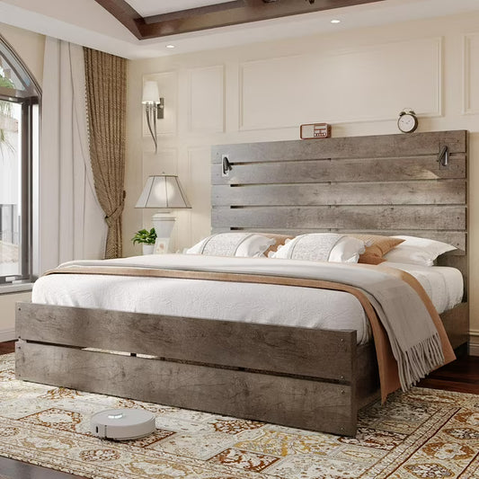 Merluxy Farmhouse Platform Bed Frame with 51”Tall Headboard, LED Reading Lights, Rustic Wood Look, No Box Spring Needed, Sturdy Construction, Easy Assembly