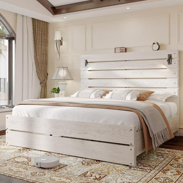 Merluxy Farmhouse Platform Bed Frame with 51”Tall Headboard, LED Reading Lights, Rustic Wood Look, No Box Spring Needed, Sturdy Construction, Easy Assembly