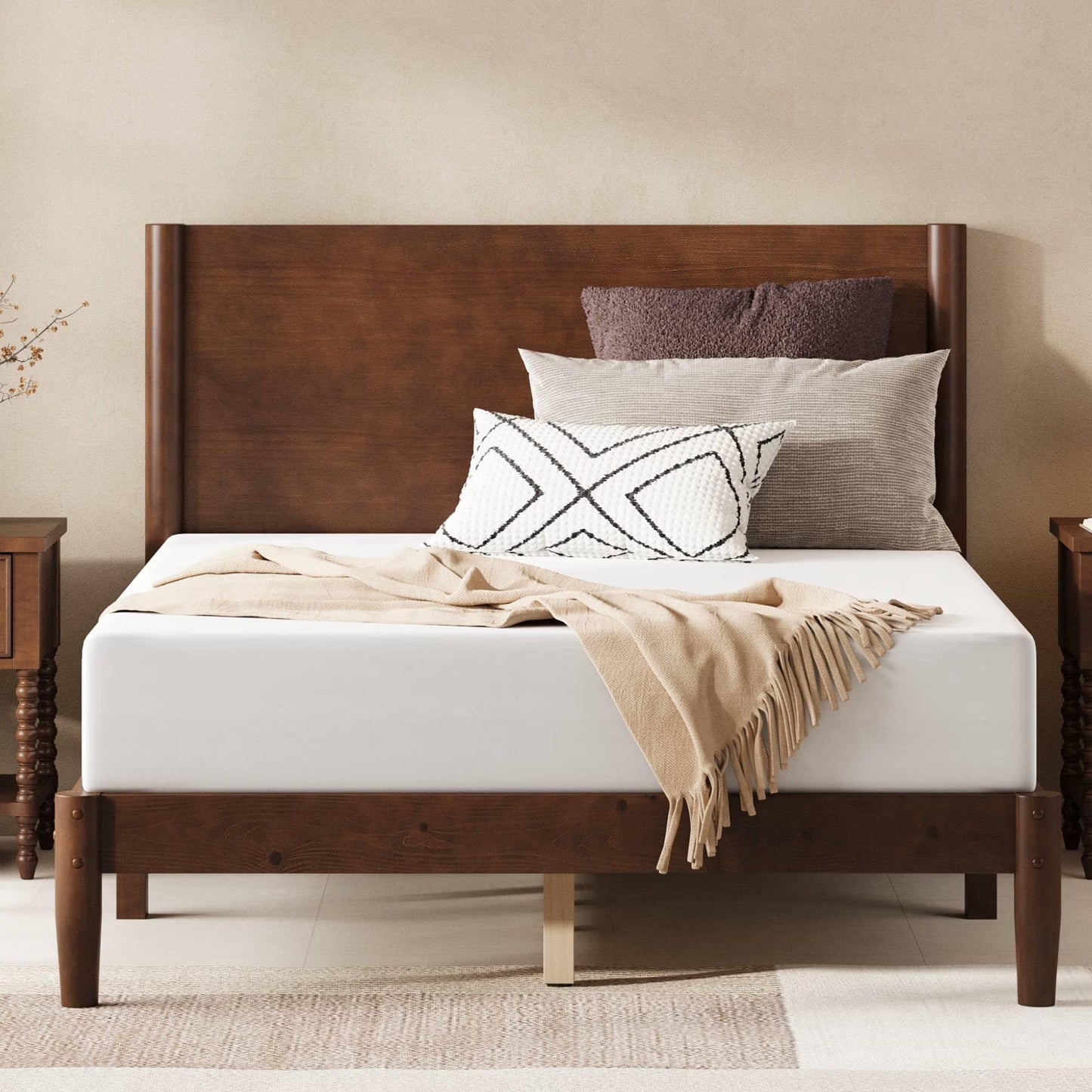 Merluxy Solid Wood Bed Frame, Mid Century Modern Bed with Full Panel Headboard, Under-Bed Storage