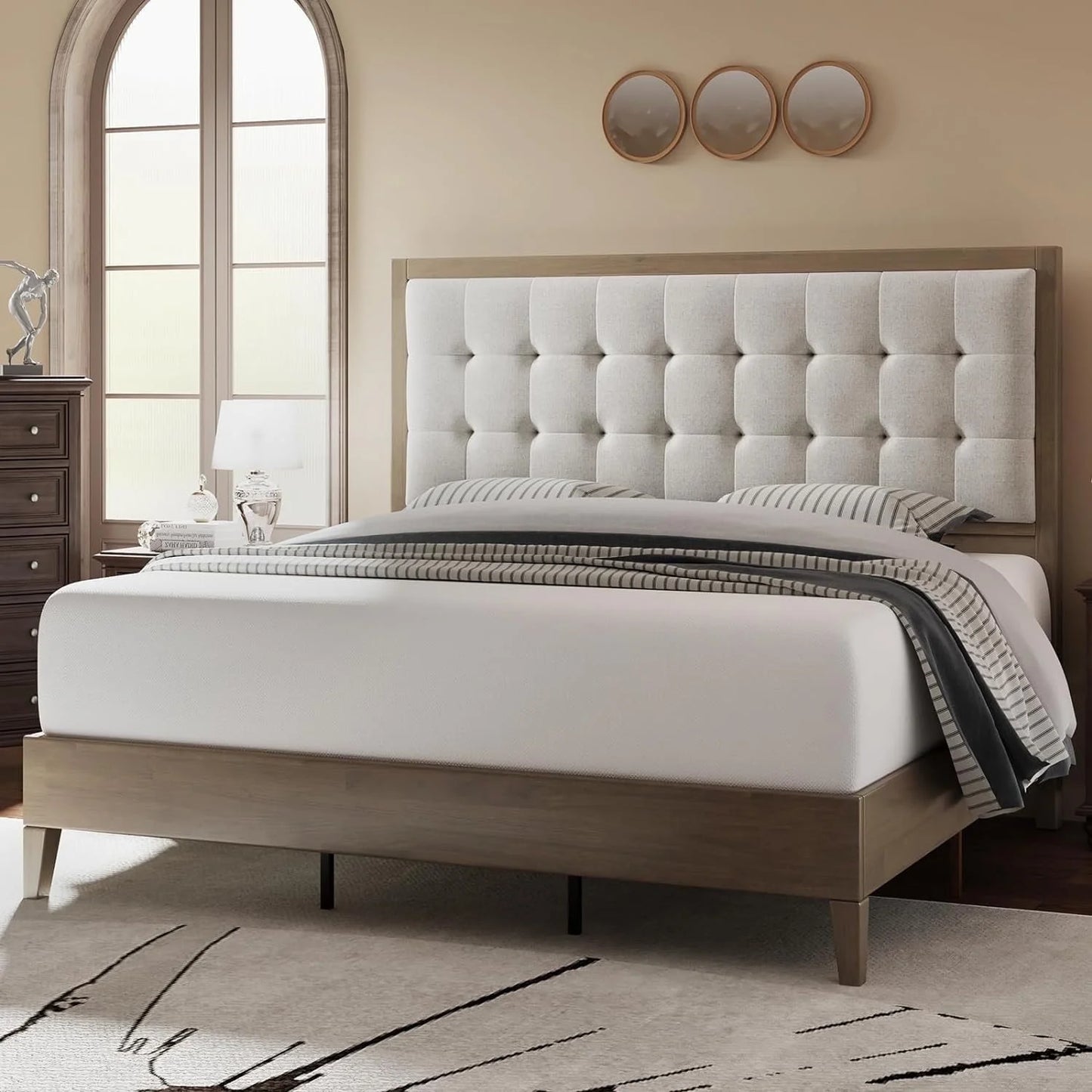Merluxy Bed Frame, Wood Platform Bed with Upholstered Headboard