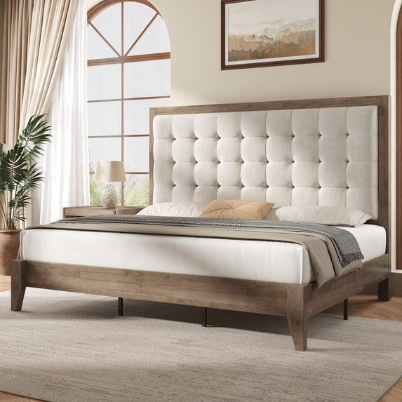 Merluxy Bed Frame, Wood Platform Bed with Upholstered Headboard