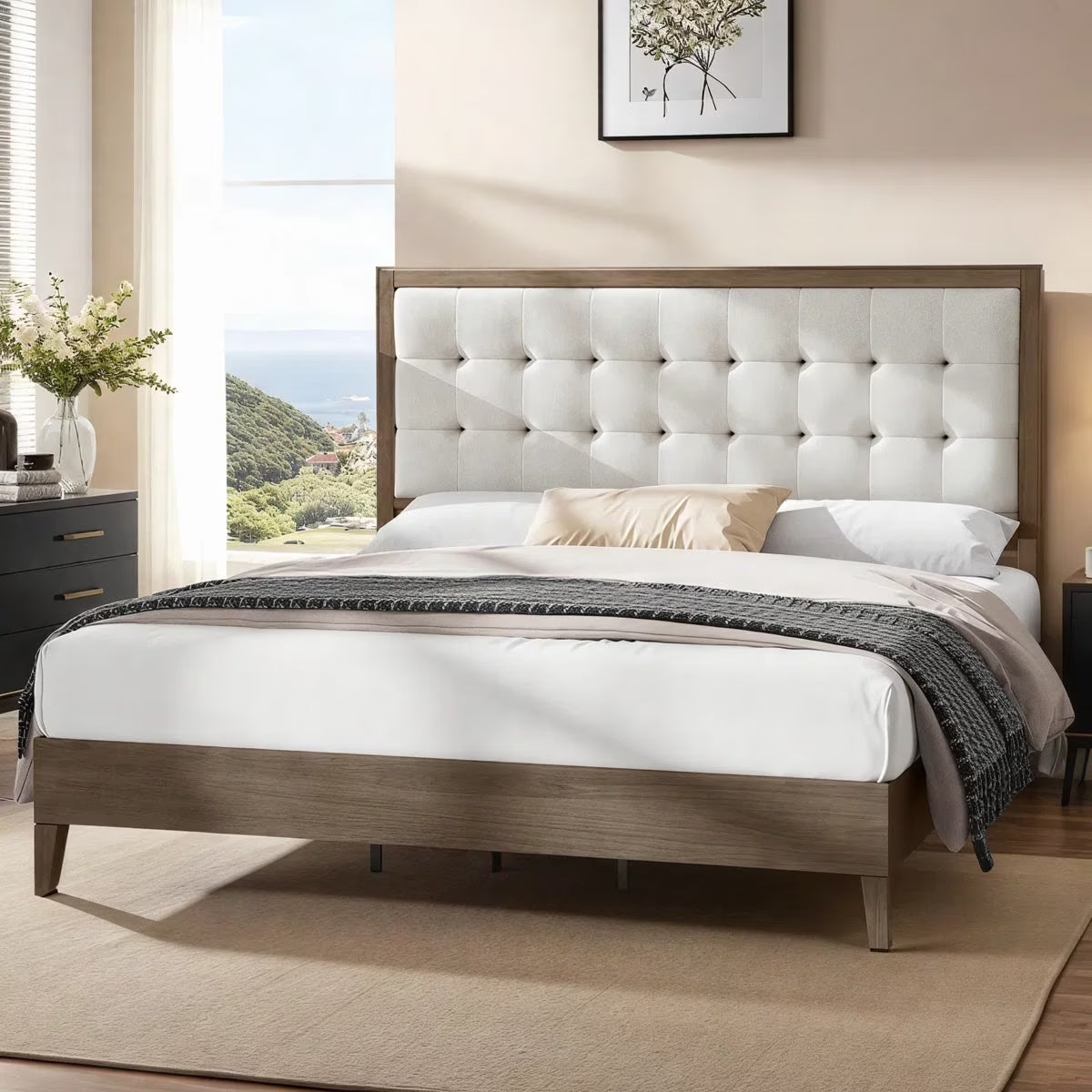 Merluxy Bed Frame, Wood Platform Bed with Upholstered Headboard