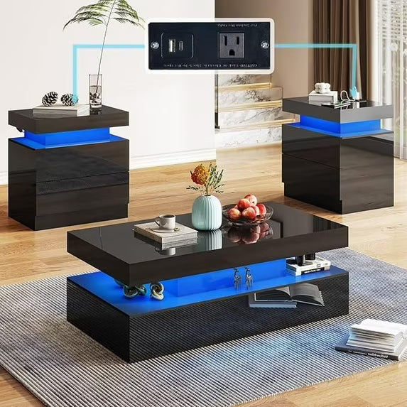 Merluxy High Gloss 3 Pieces Living Room Table Set, Modern LED Coffee Table Sets of 3, 2-tier Center Table with 2 End Side Tables