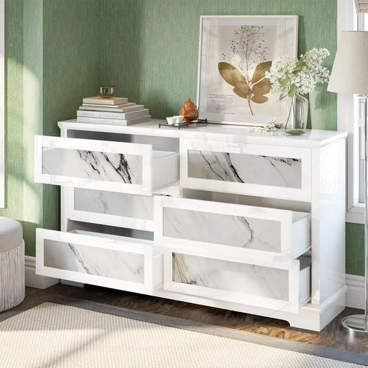 Merluxy High-Gloss 6 Drawer Dresser, 54" Natural Marble Chest of Drawers No Handles, Modern