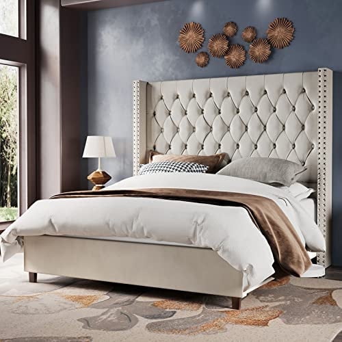 Merluxy Bed Frame 61.4" Tall Headbord with Deep Button Tufting and Velvet Upholstered