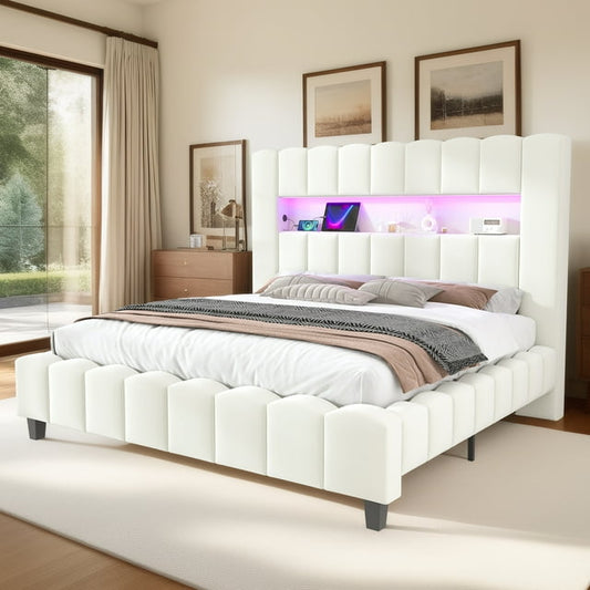 Merluxy King Bed Frame with LED Lights, Velvet Upholstered Platform Bed Frame with 51.2" Storage Headboard and Charging Station/No Box Spring Needed/Cream