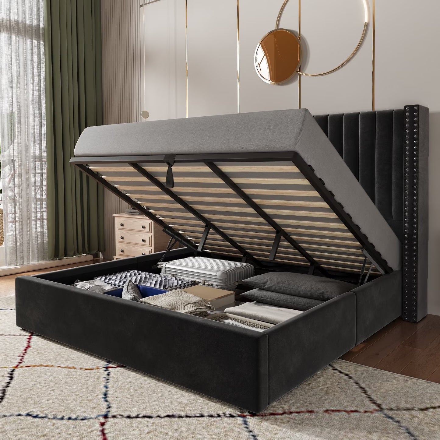 Merluxy Bed Frame Lift Up Storage Bed, Velvet King Upholstered Bed Frame/Channel Tufted Wingback Headborad/No Box Spring Needed