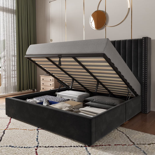 Merluxy Bed Frame Lift Up Storage Bed, Velvet King Upholstered Bed Frame/Channel Tufted Wingback Headborad/No Box Spring Needed
