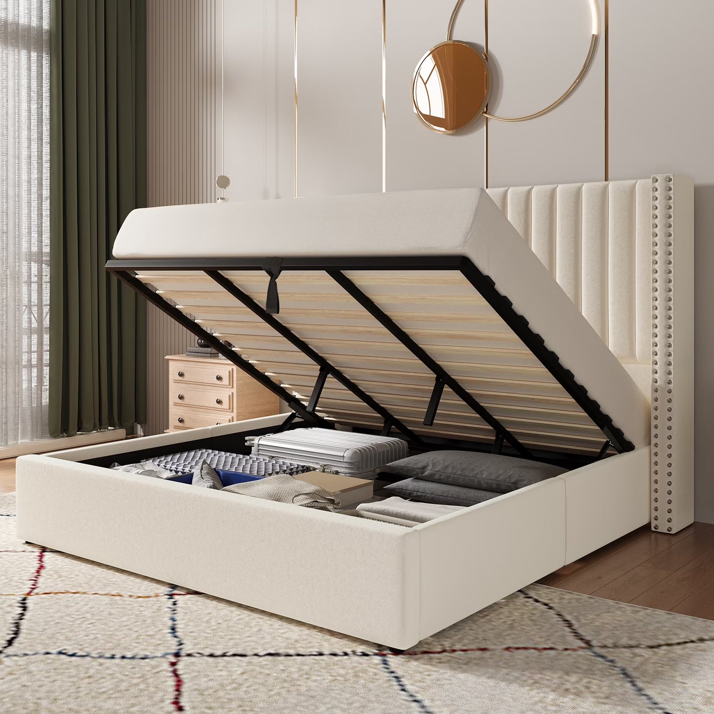 Merluxy Bed Frame Lift Up Storage Bed, Velvet King Upholstered Bed Frame/Channel Tufted Wingback Headborad/No Box Spring Needed