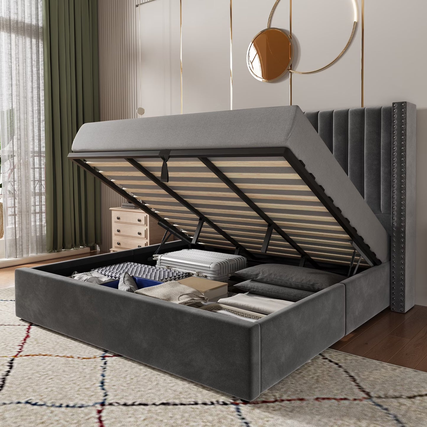 Merluxy Bed Frame Lift Up Storage Bed, Velvet King Upholstered Bed Frame/Channel Tufted Wingback Headborad/No Box Spring Needed