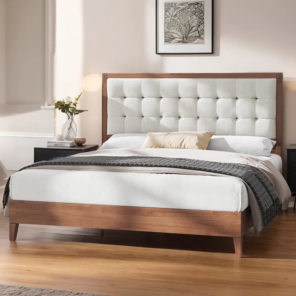 Merluxy Bed Frame, Wood Platform Bed with Upholstered Headboard