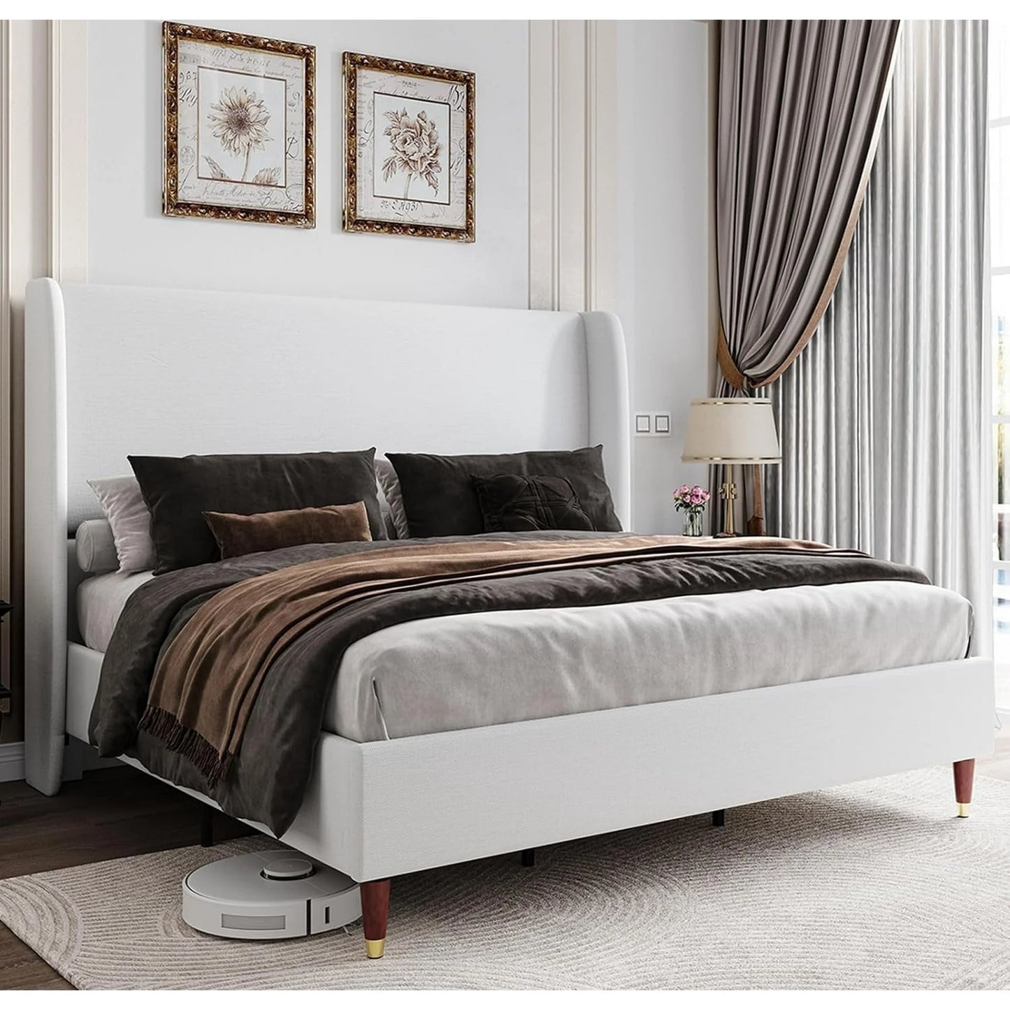 Merluxy Bed Frame with 51.2" Wingback Headboard,Linen Upholstered,No Box Spring Needed