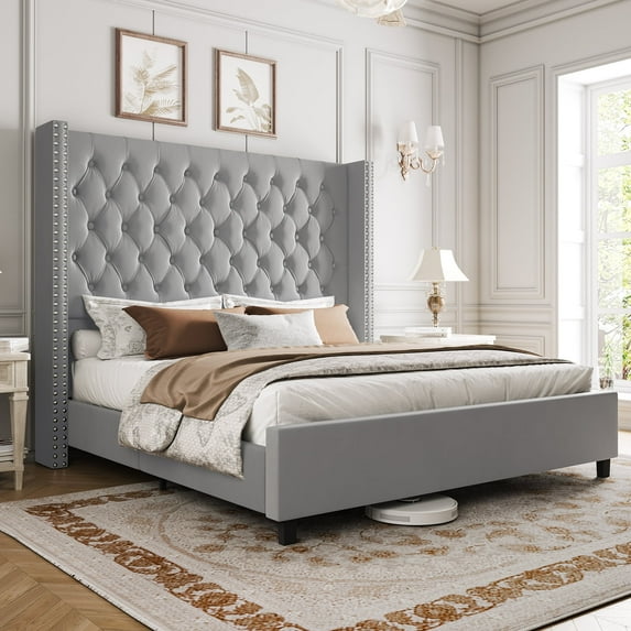 Merluxy Bed Frame with 61.4" Tall Headborad and Deep Button Tufted,No Box Spring Needed,Velvet Upholstered