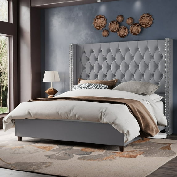 Merluxy Bed Frame 61.4" Tall Headbord with Deep Button Tufting and Velvet Upholstered