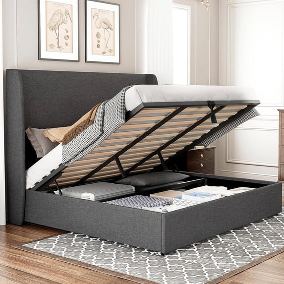 Merluxy Bed Frame with Lift-Up Storage, Linen Upholstered Platform, Wingback Headboard, No Box Spring Needed