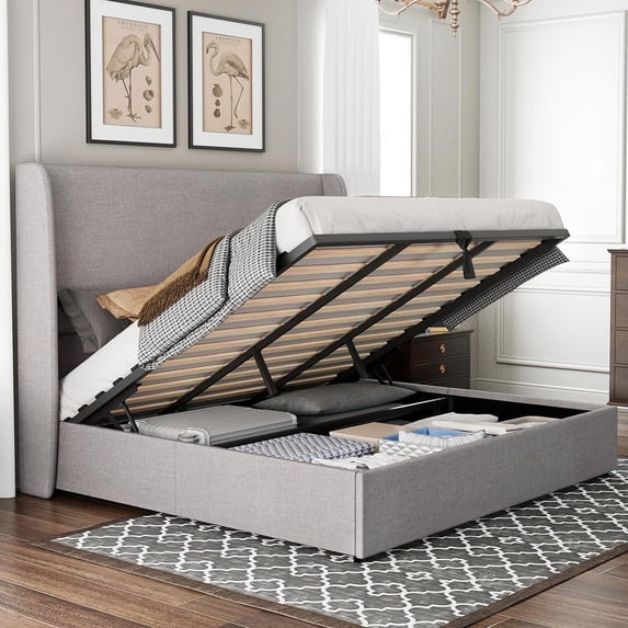 Merluxy Bed Frame with Lift-Up Storage, Linen Upholstered Platform, Wingback Headboard, No Box Spring Needed
