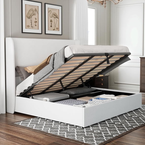 Merluxy Bed Frame with Lift-Up Storage, Linen Upholstered Platform, Wingback Headboard, No Box Spring Needed