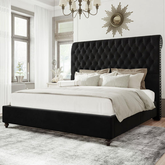 Merluxy Bed Frame with Sleigh and Button Tufted Headboard,Velvet Upholstered