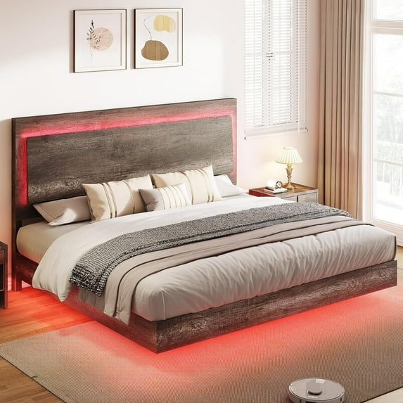 Merluxy King Floating Bed Frame with Recline Headboard,LED Light, No Box Spring Needed/Noise Free