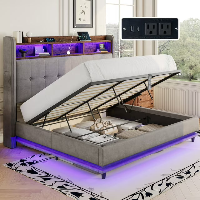 Merluxy Lift Up Bed Frame with Charging Station & LED Lights, Upholstered Bookcase Headboard with Wingback, Hydraulic Lift Storage, No Box Spring Needed, Sturdy Wood Slats Support
