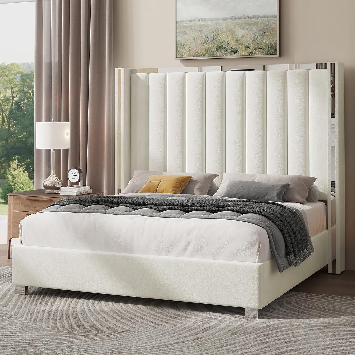 Jocisland Bed Frame with 58" tall Headboard, Velvet Upholstered Platform bed with Tall Headboard Wingback, Velvet Vertical Channel Tufted and Plating Trim, No Box Spring Needed