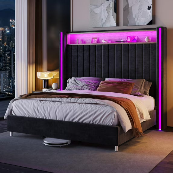 Merluxy Bed Frame with LED Lights and Charging Station, Velvet Upholstered Platform Bed with 53" Tall Storage Headboard and Wingbacks, No Box Spring Needed