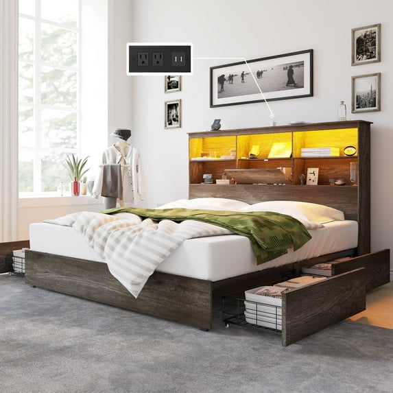 Merluxy King Size Bed Frame Wooden Platform Bed with Storage Bookcase Headboard, 4 Storage Drawers & Charging Station/Noise Free/Rustic Grey