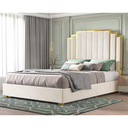 Merluxy Bed Frame and 61" Headboard, Upholstered Bed with Golden Plating Trim, Modern Platform Bed No Box Spring Needed