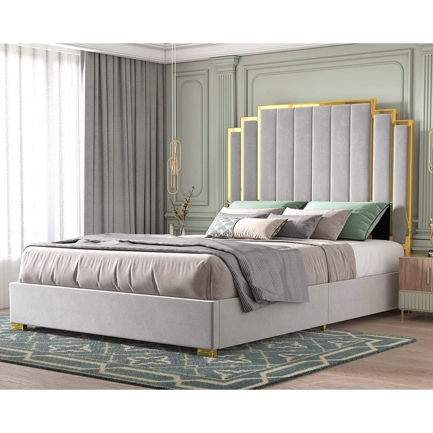 Merluxy Bed Frame and 61" Headboard, Upholstered Bed with Golden Plating Trim, Modern Platform Bed No Box Spring Needed